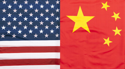 Natural fabric Flag of the United States and Flag of China, concept picture	