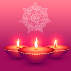 mandala diwali lamps glowing on multicolored background