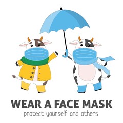 Vector cute cartoon cows or bulls, symbol of new 2021 year. Animals in blue medicine masks. Banner with text to wear a mask. Isolated on white background