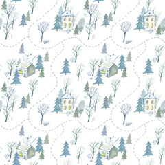 Seamless pattern of a winter town and road. House,park,tree. Watercolor hand drawn illustration.White background.