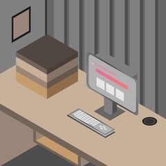 Art & Illustration about desk for office room or workspace with computer and some book