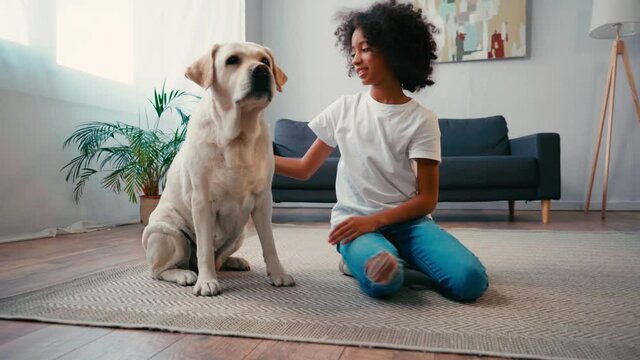 Smiling african american girl stroking dog while sitting on carpet at home