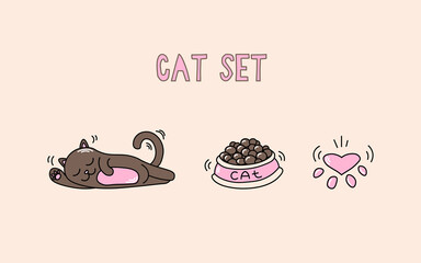 Cat Set. fanny little cat, paw and bowl of food vector image - 385763432