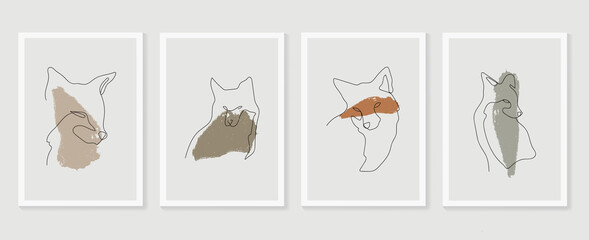 .Dog wall art vector set. Earth tones animal line arts backgrounds set with fox and wolf.  Abstract Arts design for print, cover, wallpaper, Minimal and  natural wall art. Vector illustration...