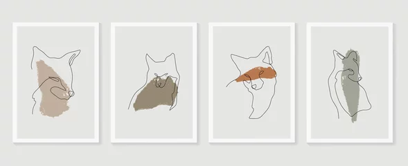 .Hunde-Wand-Kunst-Vektor-Set. Erdtöne tierische Kunsthintergründe mit Fuchs und Wolf. Abstraktes Kunstdesign für Druck, Cover, Tapete, minimale und natürliche Wandkunst. Vektor-Illustration... © TWINS DESIGN STUDIO