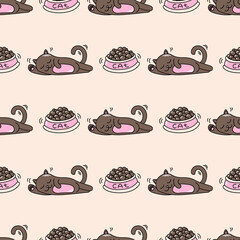 colored seamless pattern with fanny little cats and bowl of food vector image background - 385763489