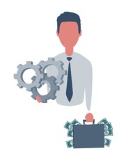 Businessman or clerk holding a suitcase with money and a gears. Male character in simple style, flat vector illustration. Business concept. Isolated on white background.