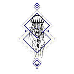 Jellyfish tattoo hand draw style. Mystical symbol of adventure, dreams, deep sea. Creative geometric jellyfish tattoo art t-shirt print design poster textile. tattoo design illustration. © SeemaLotion
