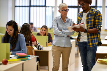 Female professor and male student passing through some dilemmas about the lesson
