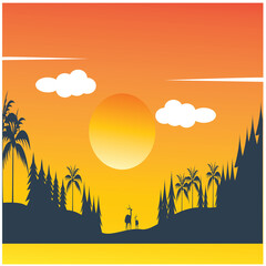 landscape illustration of deer in evening forest with colorful vector design background