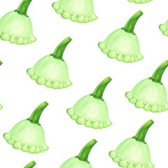 Light green patisson geometric seamless pattern. Watercolor pattypan squash isolated on white background for cover, fabric, textile, t-shirt design, poster, wrapping, harvest festival, thanksgiving