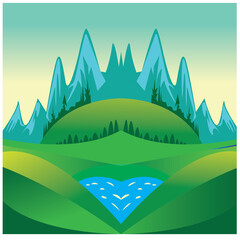 green landscape illustration mountains and green field grassy hills and clear vector design background