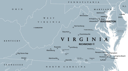 Virginia, VA, gray political map. Commonwealth of Virginia. State in Southeastern and Mid-Atlantic region of United States. Capital Richmond. Old Dominion. Mother of Presidents. Illustration. Vector.