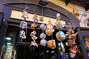 Digital painting style representing masks and tambourines hanging in the historic center of Naples