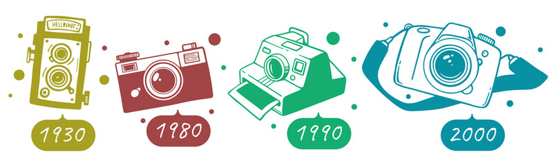 Vector illustration of types color photo camera of different years on white background.