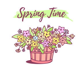 Vector spring illustration with basket with many color flower on white background with text.