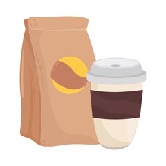 coffee beans bag and mug design of drink caffeine breakfast and beverage theme Vector illustration