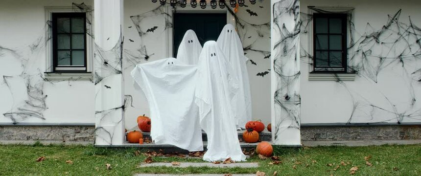 Funny Family Of Four Dressed As Bedsheet Ghosts Posing On A Porch Of Their House Decorated For A Halloween Celebration. Shot On RED Cinema Camera With 2x Anamorphic Lens