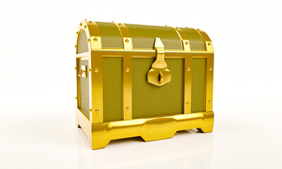 Empty golden vintage treasure chest. Isolated on white background and wallpaper. 3D Render.