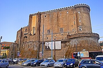 Digital painting style that represents a glimpse of one of the historic castles in the center of Naples