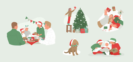 Family dinner at table with candles illustration. Christmas fun with kids, gifts unpacking, dog in Santa hat. Home and Xmas tree decoration. Cozy winter time cartoon vector bundle. New year concept