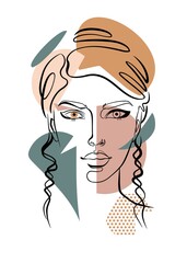 portrait of a woman, minimalist face art with continuous line strokes, geometric shapes - rectangle, circle, triangle, skintones with green color scheme, fashion illustration