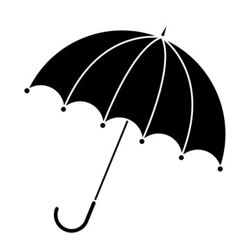 Umbrella silhouette isolated on white. Black and white open parasol icon. Illustration of rain protection autumn graphic element. Autumnal vector symbol. Seasonal black isolated picture. Eps 10.