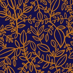 Seamless pattern with different eaves on violet background. Vector print with plants.