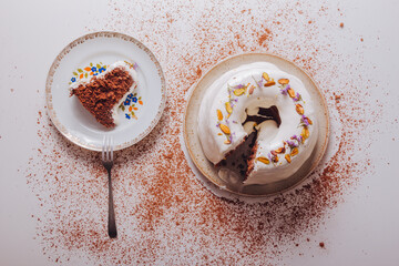 Homemade chocolate cake with milk icing