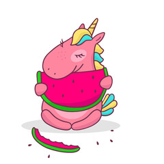 Vector illustration of magic pink sitting unicorn eating piece of watermelon. Little pony with golden horn on white background with shadow.