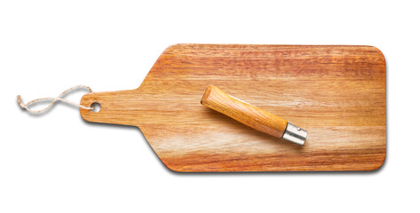 Wooden cutting board and pocket knife isolated on white