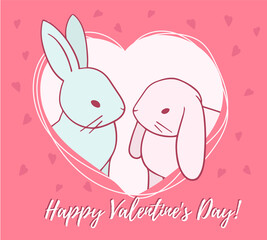 Vector illustration of cute two rabbit in heart frame on red background.