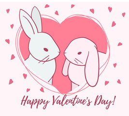 Vector illustration of romantic two rabbit in red heart frame on white background with text.