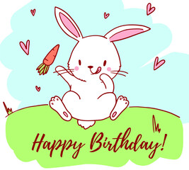 Vector illustration of happy rabbit on grass with carrot and heart.