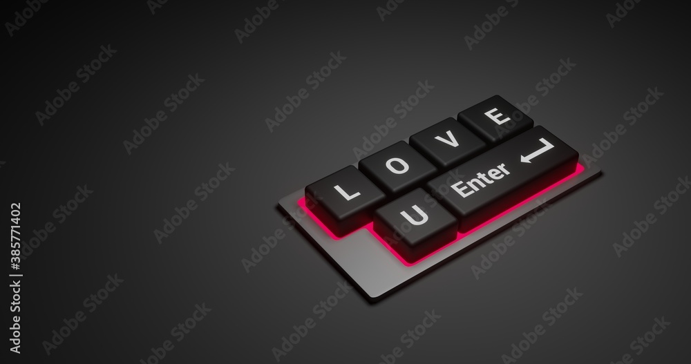 Poster love u lettering in black keyboard with enter button. 3d rendering illustration at dark background a