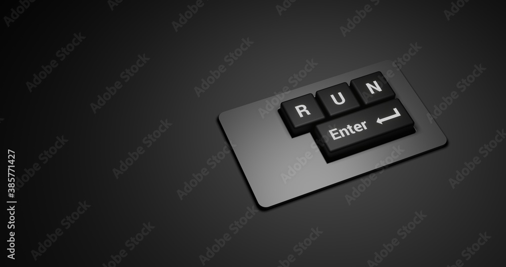 Poster run lettering in black keyboard with enter button. 3d rendering illustration at dark background and 