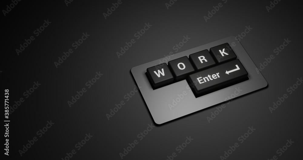 Poster work lettering in black keyboard with enter button. 3d rendering illustration at dark background and
