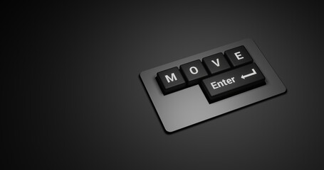 Move Lettering in Black Keyboard with Enter Button. 3D rendering Illustration at Dark background and focus light with space for text