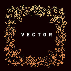 Vector template with golden color floral ornament square frame and text on dark background