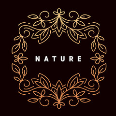 Vector golden color template with text nature and floral ornament round frame on dark background