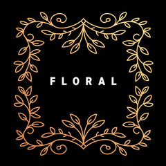 Vector golden color template with text floral and ornament square frame on dark background