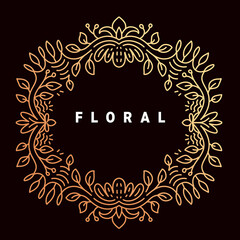 Vector golden color template with text floral and ornament round frame on dark background