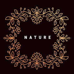 Vector template with golden color floral ornament frame and text nature on dark background