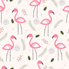 Seamless pattern Flamingo and leaves Hand drawn cartoon animal background in childrens style Designs used for printing wallpaper, fabric, textiles. Vector illustration