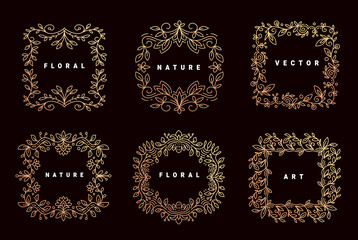 Vector set of template with golden color floral ornament frame and text on dark background