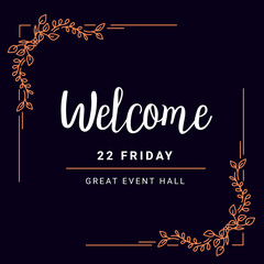 Vector invitation template with golden color floral ornament border and text on dark background