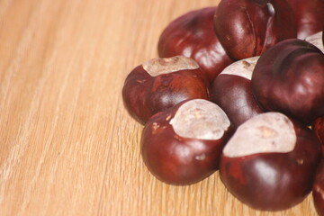 Close-Up of bunch of dried chestnut fruits over wooden background.