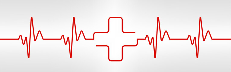 Heartbeat line with cross shape. One red plus in pulse. Cardio rate. Electrocardiogram or ECG. Healthcare design icon. First aid X sign. Life rescue. Medical vector illustration.