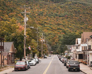 Main Street with autumn color in Phoenicia, Catskill Mountains, New York