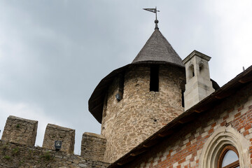 Fototapeta na wymiar View at tower of medieval stone castle at Khotyn, Ukraine, famous ukranian touristic place